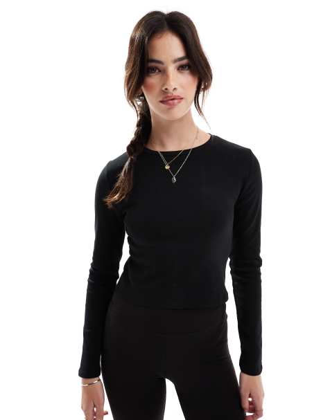 Stradivarius cotton long sleeve top in black - view 1