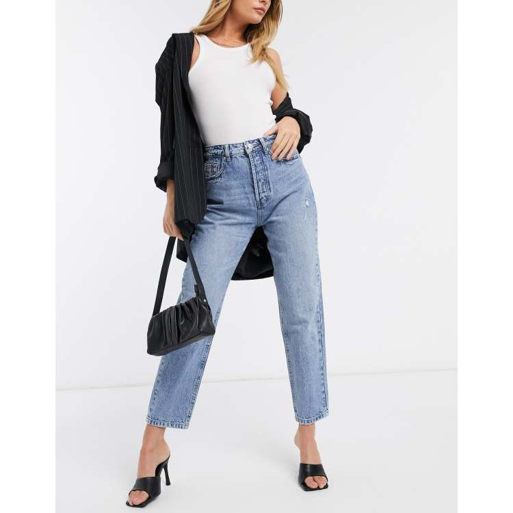 Stradivarius cotton mom fit vintage jeans in light wash MBLUE ASOS