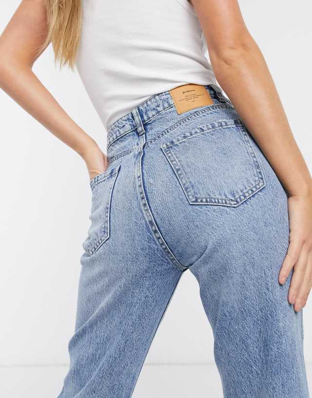 Stradivarius cotton mom fit vintage jeans in light wash - MBLUE 1