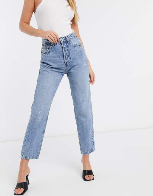 Stradivarius Petite dad jean with split hem detail in vintage blue