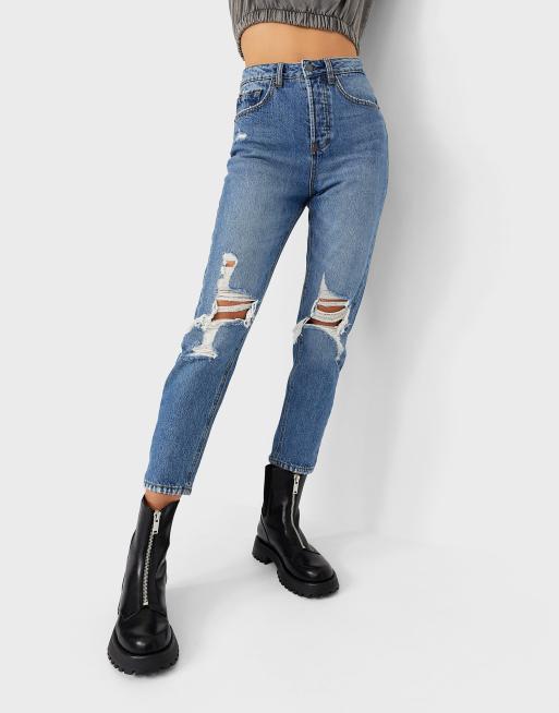 Stradivarius cotton mom fit vintage ripped jean in medium blue MBLUE
