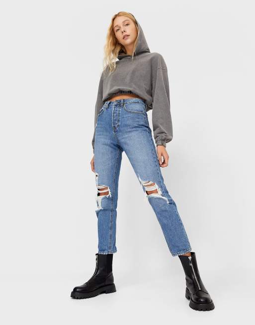 Stradivarius cotton mom fit vintage ripped jean in medium blue