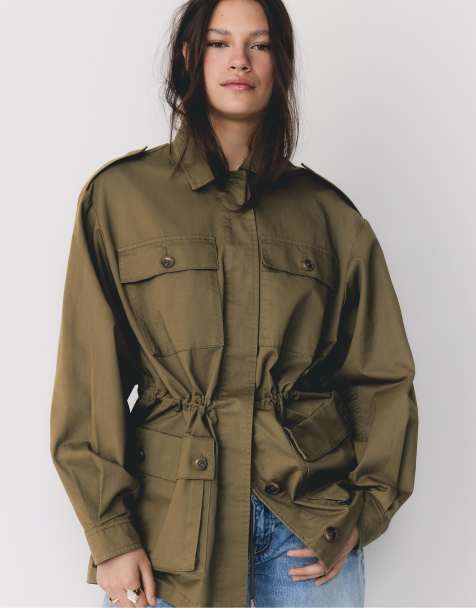 Stradivarius Cotton parka with pockets in olive green - view 1