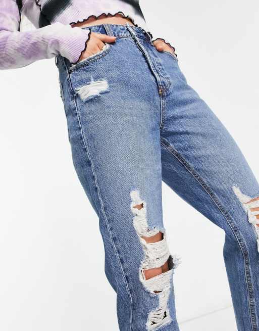 Stradivarius cotton Petite mom fit vintage ripped jean in medium blue MBLUE