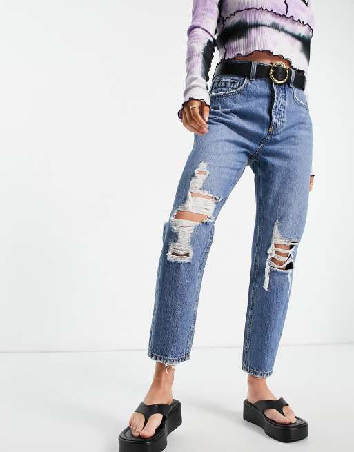 Stradivarius cotton Petite mom fit vintage ripped jean in medium blue MBLUE