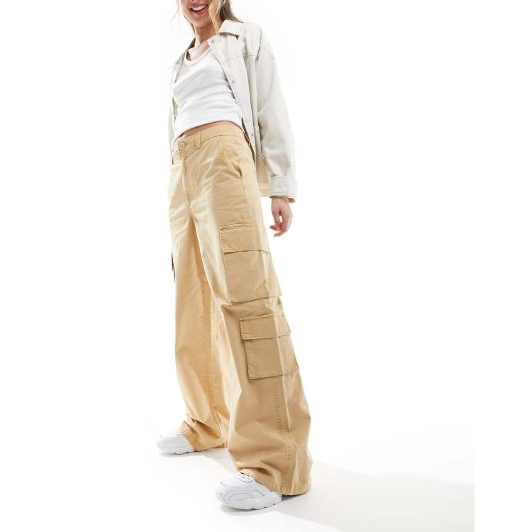 Stradivarius cotton poplin utility cargo pants in stone | ASOS