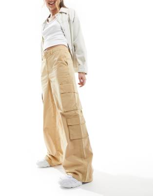 Stradivarius cotton poplin utility cargo pants in stone