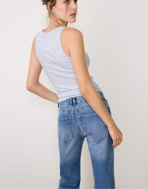 Stradivarius Cotton ribbed racerback top in grey melange, 3 of 3
