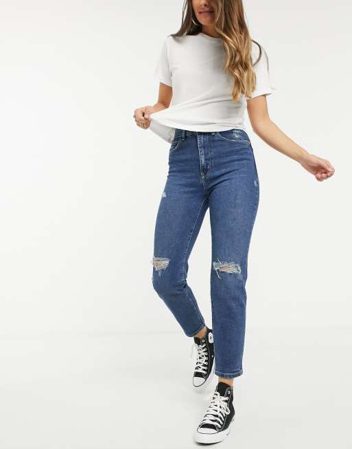 Stradivarius cotton ripped slim mom jeans with stretch in medium blue ...