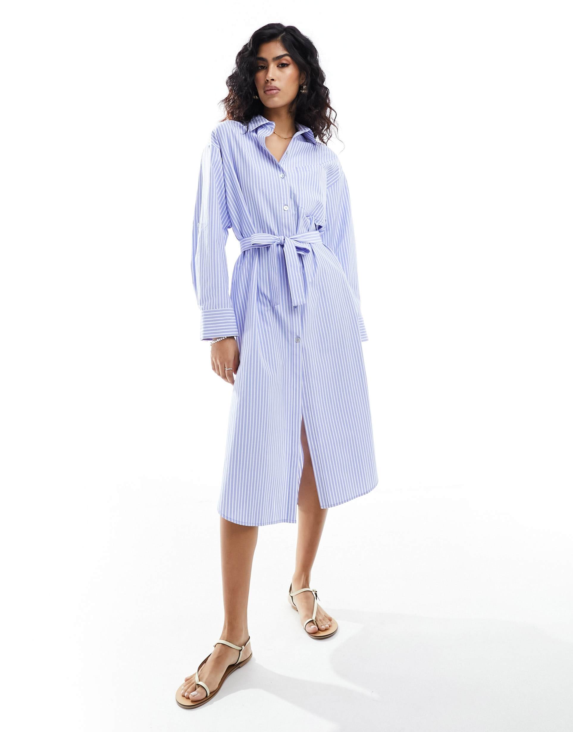 stradivarius cotton shirt dress in blue stripe