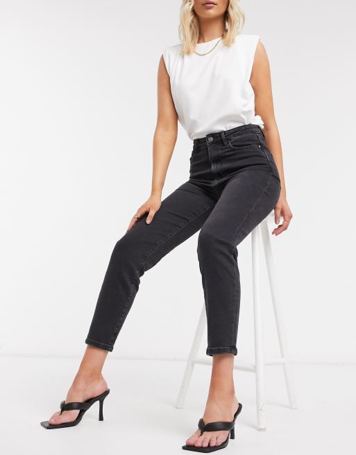 Stradivarius cotton slim mom jean with stretch in black | ASOS