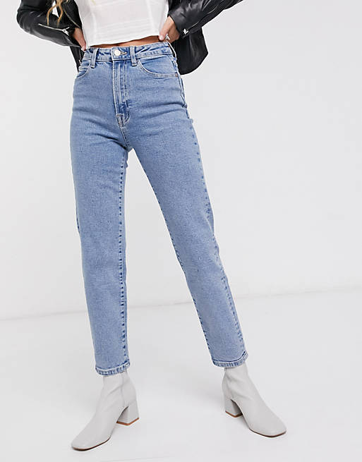 Stradivarius cotton slim mom jean with stretch in washed blue - MBLUE | ASOS