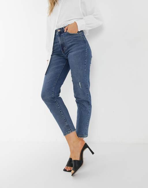 Stradivarius cotton slim mom jeans in medium wash - MBLUE