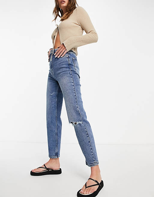 Stradivarius cotton slim mom jeans with stretch and rip in medium blue - MBLUE