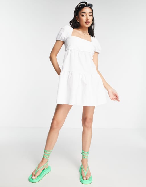 Stradivarius cotton smock mini dress in white | ASOS