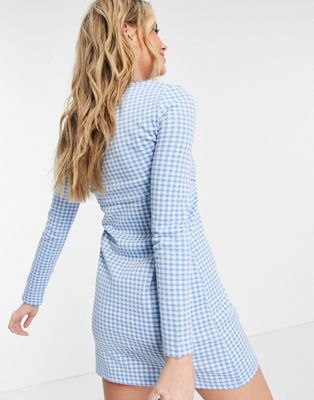 Stradivarius cotton strappy mini dress with cardigan in blue gingham - MBLUE