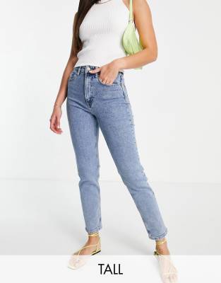 Stradivarius cotton Tall slim mom jean with stretch in blue - MBLUE - ASOS Price Checker