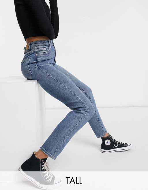 Stradivarius Cotton Tall Slim Mom Jean With Stretch In Medium Blue Mblue Asos