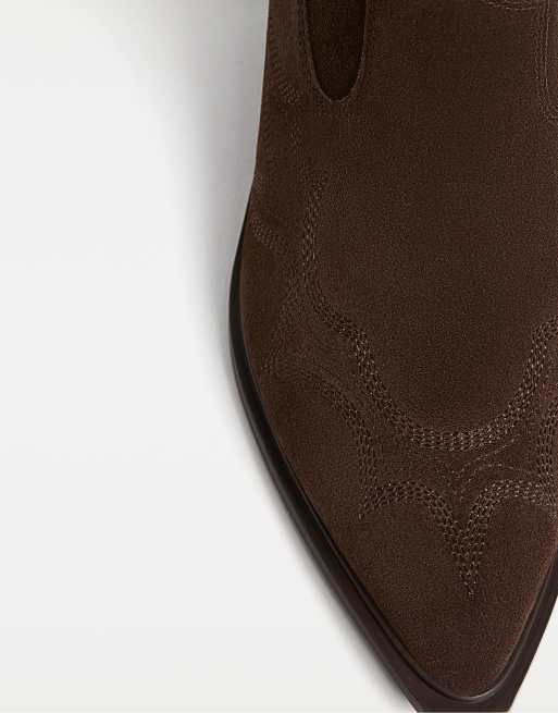 Stradivarius – Cowboy-Ankle-Boots aus Spaltleder in Braun mit Absatz, 4 von 4
