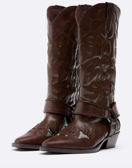 Stradivarius Cowboy boots with animal print detail in brown, 2 of 4