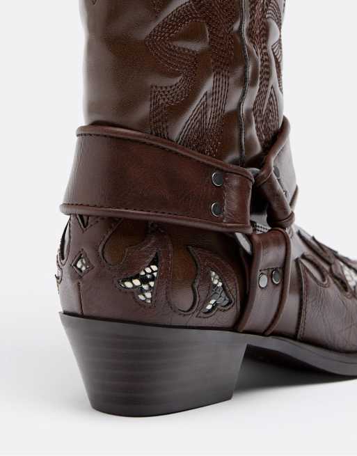 Stradivarius Cowboy boots with animal print detail in brown, 4 of 4