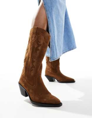 Stradivarius - Cowboystiefel aus echtem Wildleder in Beige mit Absatz-Neutral