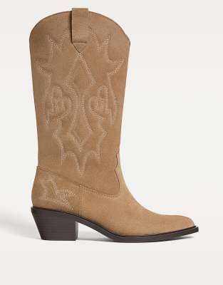 Stradivarius - Cowboystiefel in Beige aus Spaltleder-Neutral