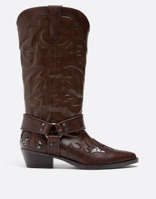 Stradivarius - Cowboystiefel in Braun mit Animalprint-Brown