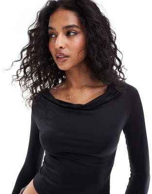 cowl neck long sleeve top in black