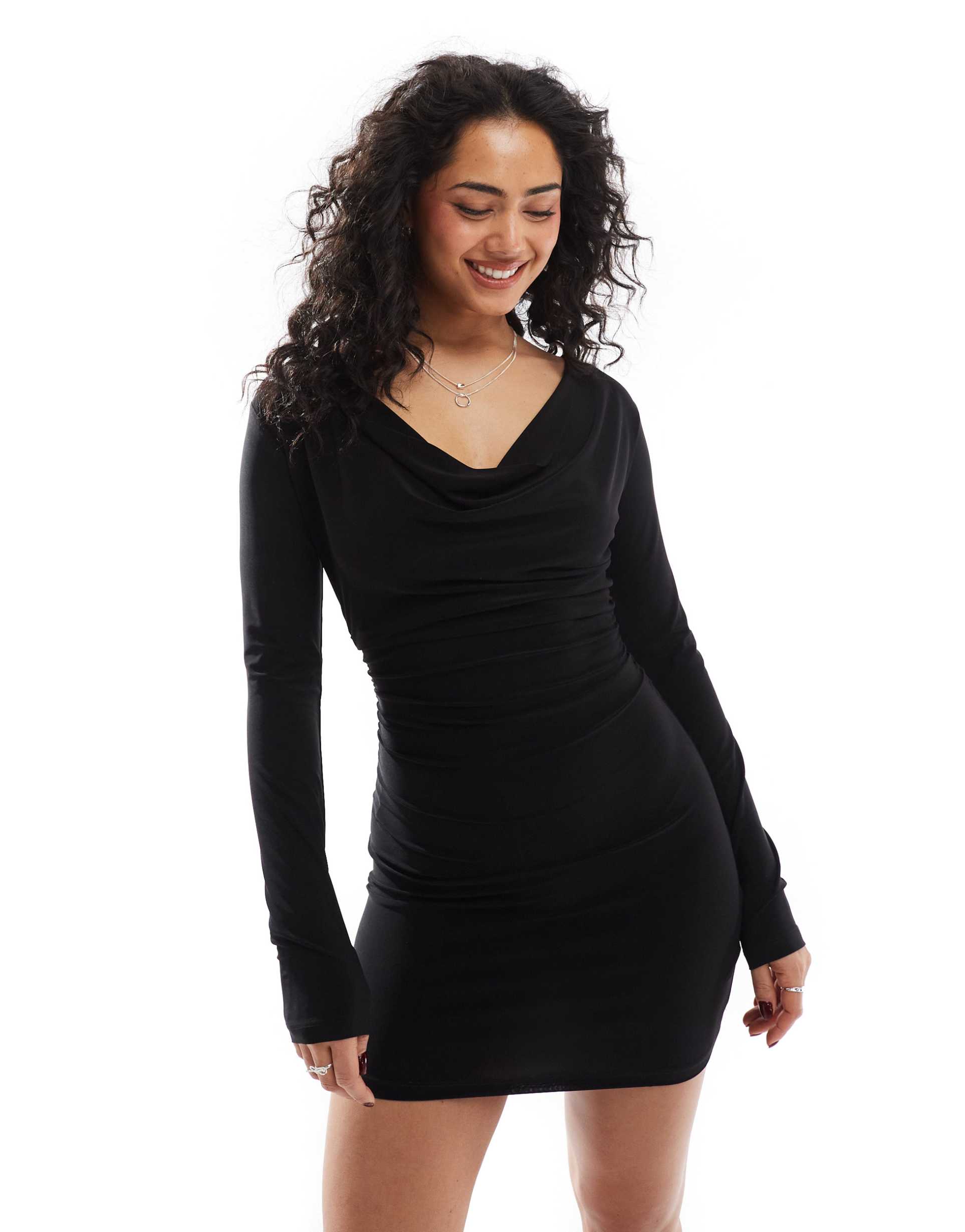stradivarius cowl neckline dress in black