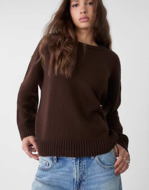 Stradivarius crew neck knit sweater in brown - view 1
