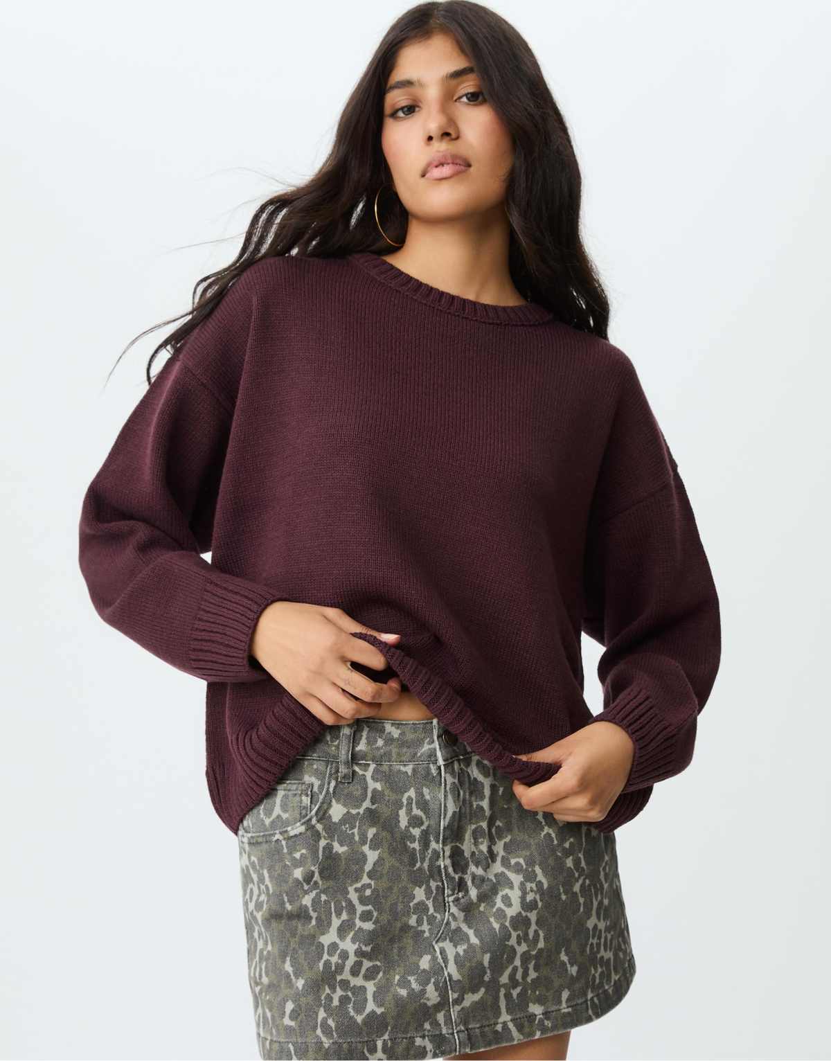 Stradivarius Crew neck knit sweater in burgundy