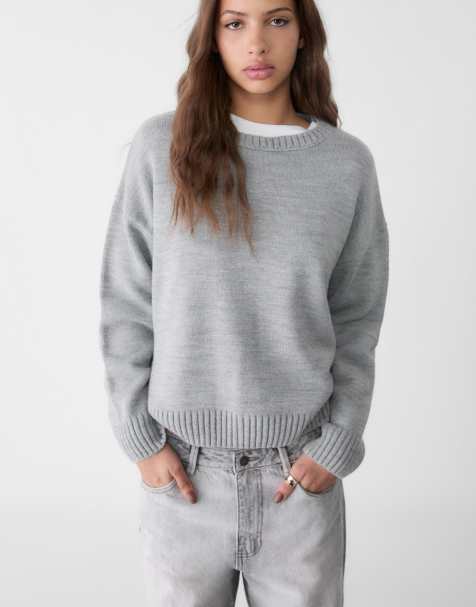 Stradivarius crew neck knit sweater in grey melange