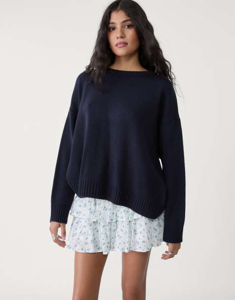 Stradivarius crew neck knit sweater in navy blue - view 1