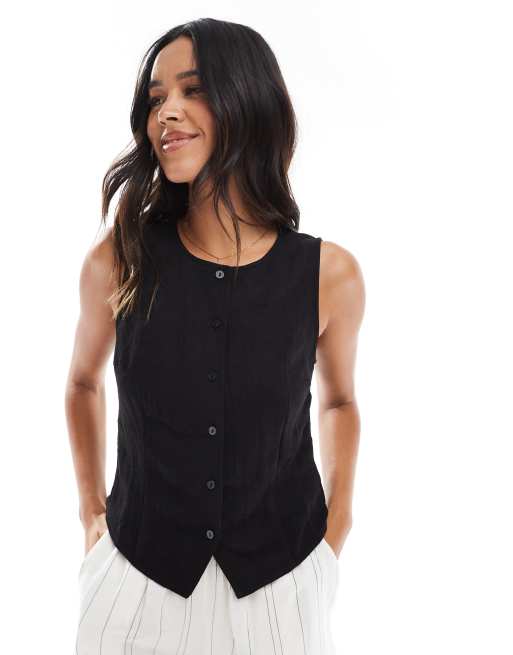 Stradivarius crinkle buttoned vest top in black