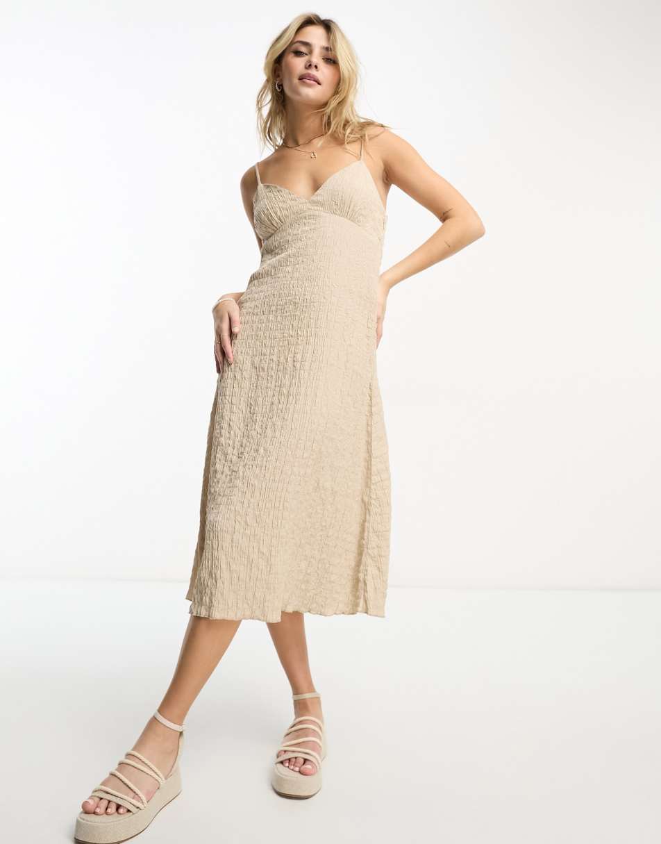 Stradivarius crinkle cami midi dress in natural