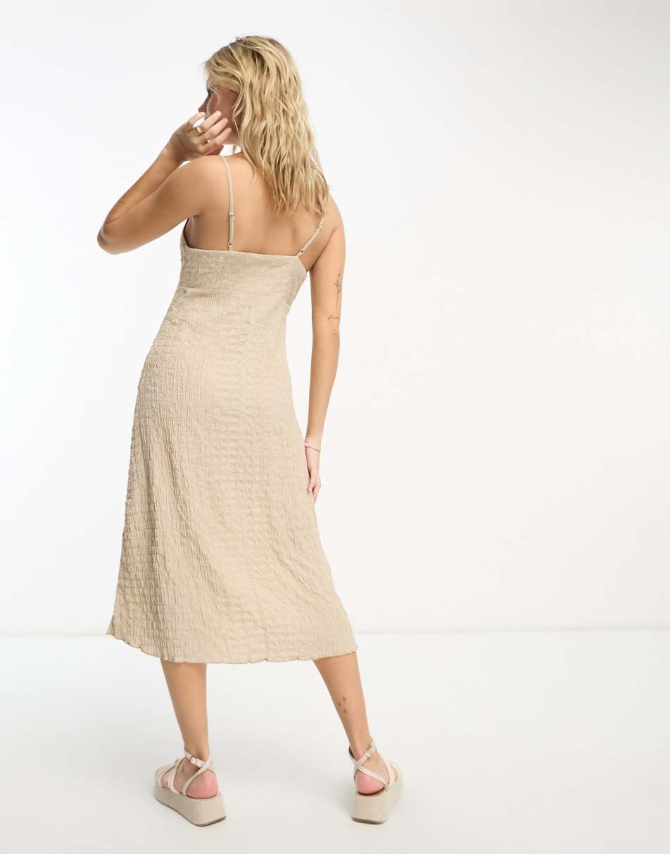 Stradivarius crinkle cami midi dress in natural