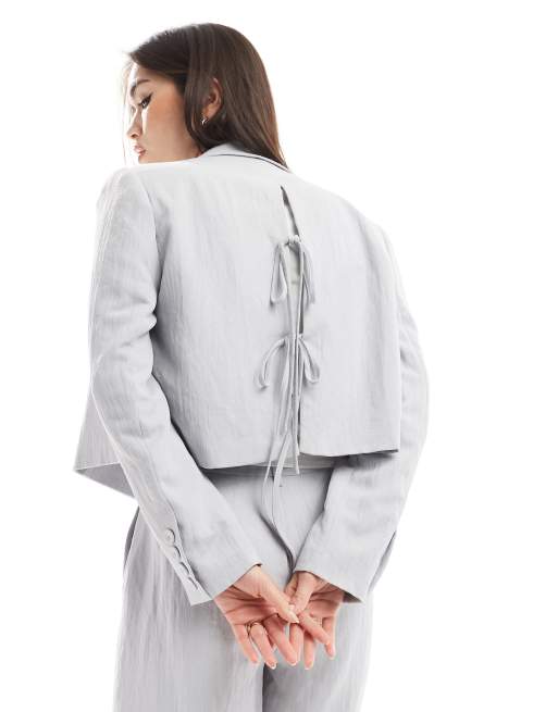 Stradivarius crinkle cropped blazer in gray