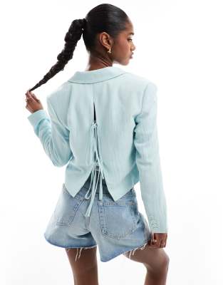 Stradivarius crinkle cropped blazer in green