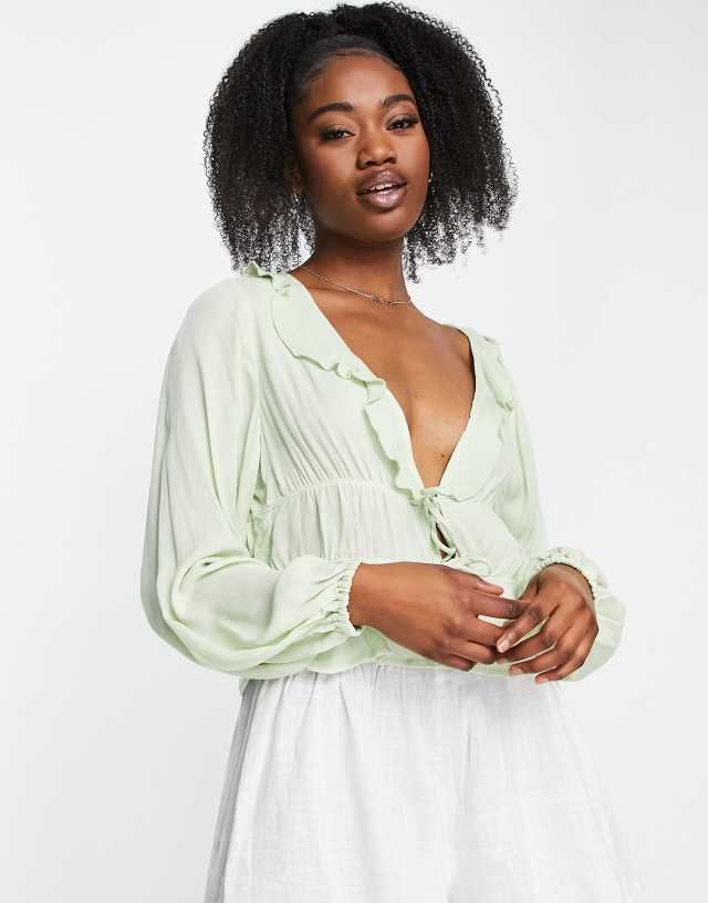 Stradivarius crinkle ruffle blouse in sage