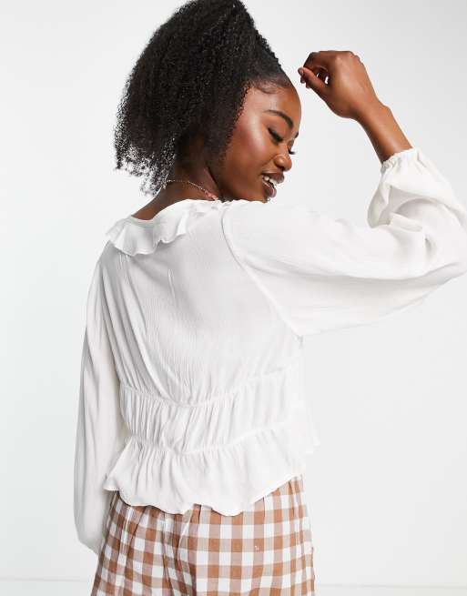 Stradivarius crinkle ruffle blouse in white, 2 of 4