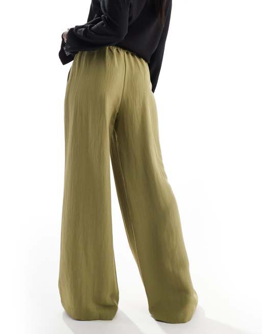 Stradivarius crinkle wide leg trouser in lime green