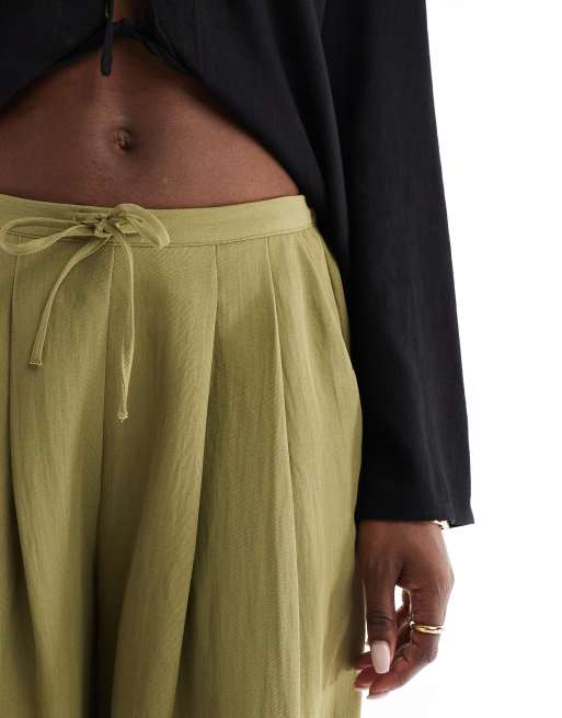 Stradivarius crinkle wide leg trouser in lime green