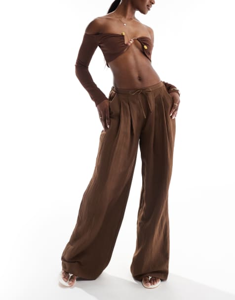 Stradivarius crinkle wide leg trouser in brown - view 1