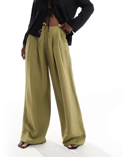 Stradivarius crinkle wide leg trouser in lime green - view 1