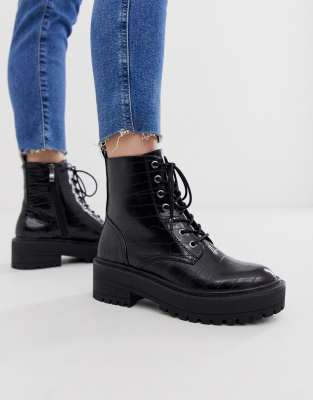 Stradivarius croc effect lace up chunky soled boots in black