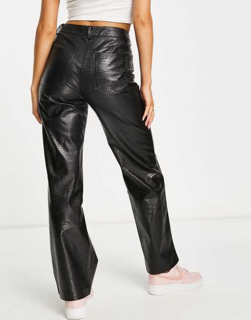 Stradivarius croc faux leather straight leg trouser in black