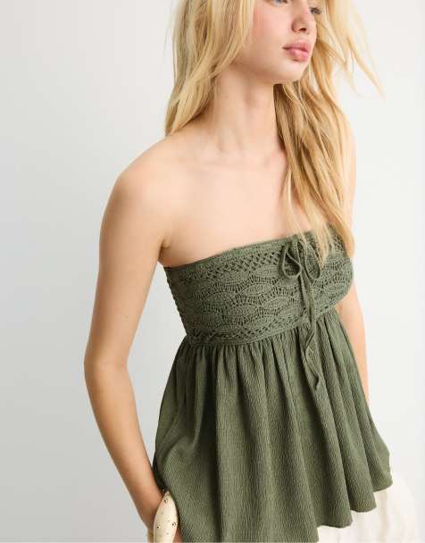 Stradivarius Crochet bandeau top in olive green - view 1