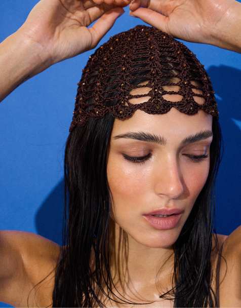 Stradivarius Crochet cap with rhinestones in brown - view 1