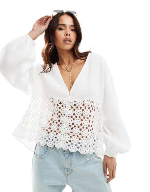 Stradivarius Crochet Detail Blouse In White Asos